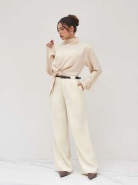 Cider Cream/Beige Belted Mid-Rise Straight Leg Trousers Size XL/10